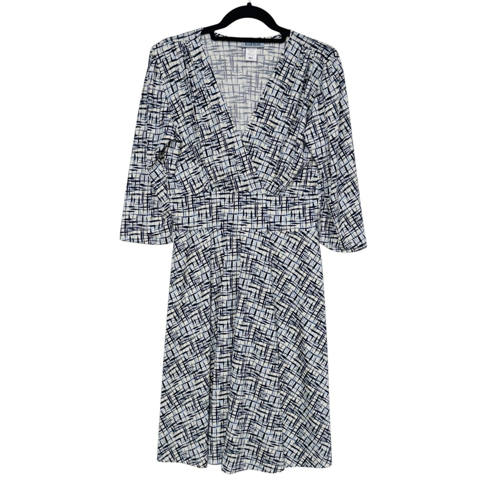 Karina "Megan" Dress, Size M/L, Blue & White Pattern, Wrap Bodice 3/4 Sleeve